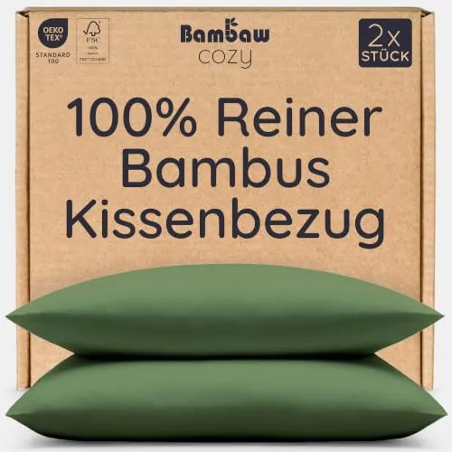 Bambaw Bambus Kopfkissenbezug 40x80 cm, 2-er Pack, atmungsaktiver Kissenbezug Sommer, Bettwäsche Anti Schwitzen, Bettwäsche Allergiker Milben, haarfreundliche Kissenbezüge 40x80 Bambus (Olivgrün)