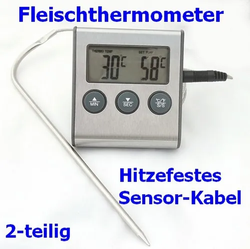 Fleisch Braten Thermometer ET921 bis 250°C hitzefestes Sensorkabel Timer-99min