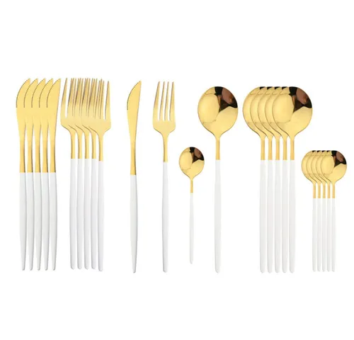 Cinar Besteck-Set 36 tlg - Elegant 18/10 Edelstahl für 6 Personen - Hochwertiges 36-teiliges Besteckset aus glänzendem 18/10 Edelstahl in Weiß-Gold, ideal für festliche Anlässe und alltägliches Essen. Spülmaschinenfest und rostfrei für einfache Pflege.