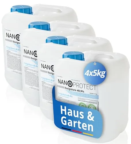 Nanoprotect Essigsäure Klimaneutral - 20 kg Reinigungskonzentrat - Reinigungsmittel mit 49,9% Essigsäure, klimaneutral und umweltfreundlich, ideal für effektive Reinigung im Haushalt und Garten.