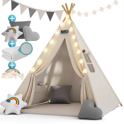 Spielwerk Tipi Zelt für Kinder - Extra großes 130x130cm Spielzelt mit Zubehör, inklusive Bodenmatte, Kissen und Lichterkette für gemütliche Spielstunden