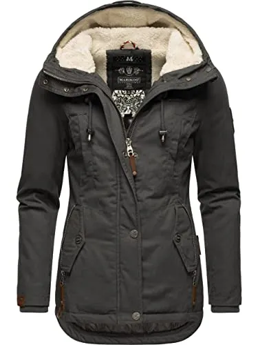 MARIKOO Damen Winterjacke Bikoo Grau Gr. S - Damen-Mantel mit kuscheligem Teddyfleece-Innenfutter, wasserabweisend und tailliert für optimalen Tragekomfort in der kalten Jahreszeit.