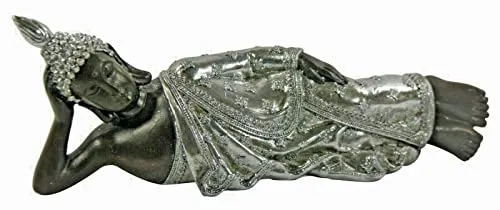 GlasArt Liegender Buddha, Relaxing Tischdeko, Geschenk, schwarz-Silber (28cm lang, 11cm hoch)