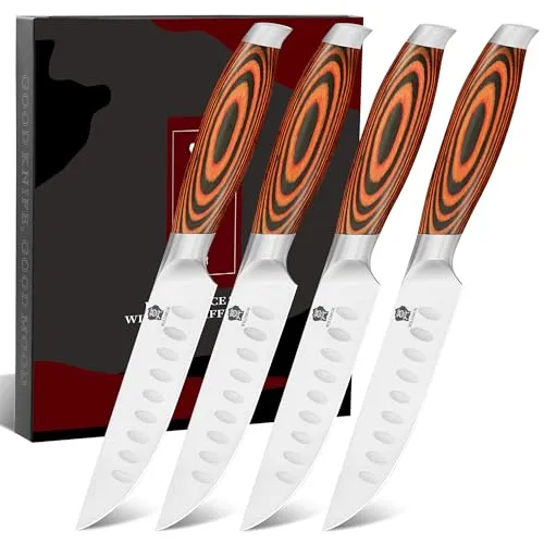 WILDMOK 4-teilig Steakmesserset 12,8cm Klinge aus Deutschem Stahl, Ergonomischer Griff Steakhouse Messerset