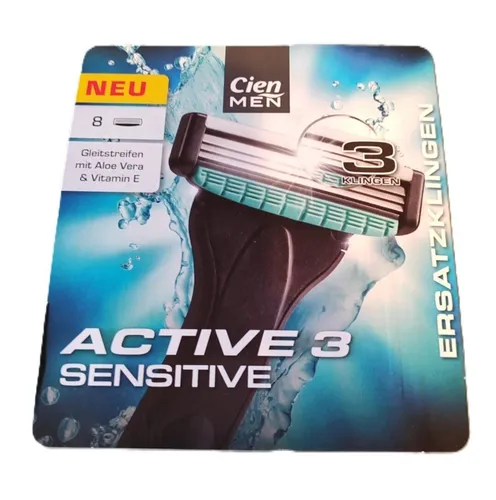 Cien Men ACTIVE 3 sensitive Ersatzklingen - Herren Rasierklingen mit 3 Klingen für eine sanfte Rasur, 8 Patronen für langanhaltende Frische und Pflege.