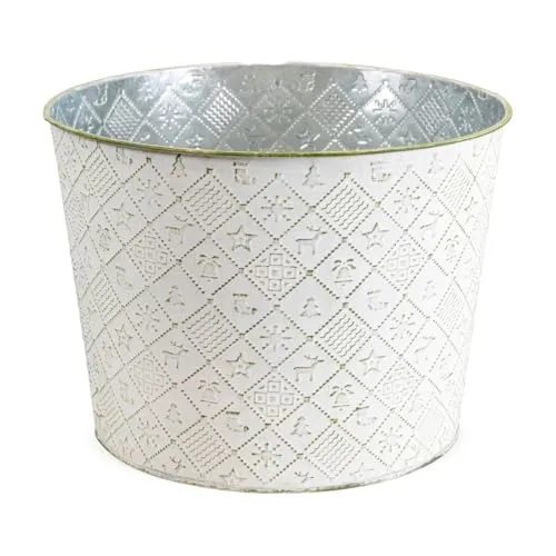 Runder Pflanztopf Winterdeko, Pflanzkübel in Ø 16 x 14,5 cm, Grün - Metall Pflanzschale als Weihnachtsdeko - Dekorative Blumenschale für Zimmerpflanzen, Blumentopf für Fensterbank oder Garten