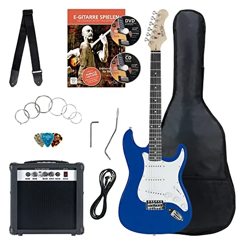 Rocktile Banger's Pack E-Gitarre Komplettset Blau - Komplettes E-Gitarren Einsteigerset im ST Design mit Verstärker und praktischer Tasche. Ideal für Anfänger, inkl. Gitarrenschule mit CD/DVD für den perfekten Start!