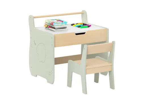 COSTWAY Kinderkunsttisch und Stuhl Set - Zubehör für Möbel: 3-in-1 Tisch mit abnehmbarer Whiteboard- und Tafeloberfläche, integriertem Stauraum und Papierrollenhalter für kreative Kinderaktivitäten.