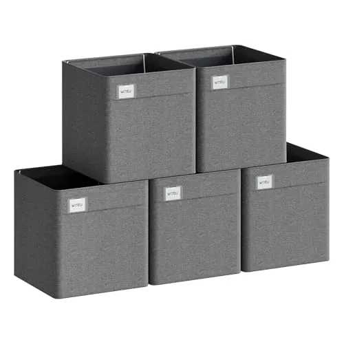 WOLTU Faltbare Aufbewahrungsboxen 5 Stück, Stoffboxen mit Griffen und Etikette, Aufbewahrungswürfel Organizer für Regal, Dunkelgrau, 29,5x29,5x29cm
