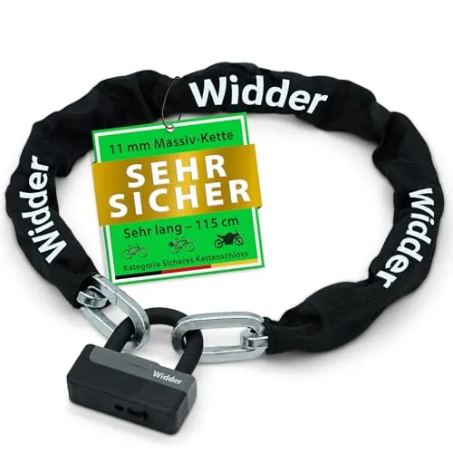 Widder Kettenschloss Motorrad – Titan-Stahl Level 15 - Hochsicheres Kettenschloss für Motorräder, Mopeds und E-Bikes. Mit 11mm massivem Stahl und 4 Schlüsseln bietet es optimalen Diebstahlschutz und ist witterungsbeständig.