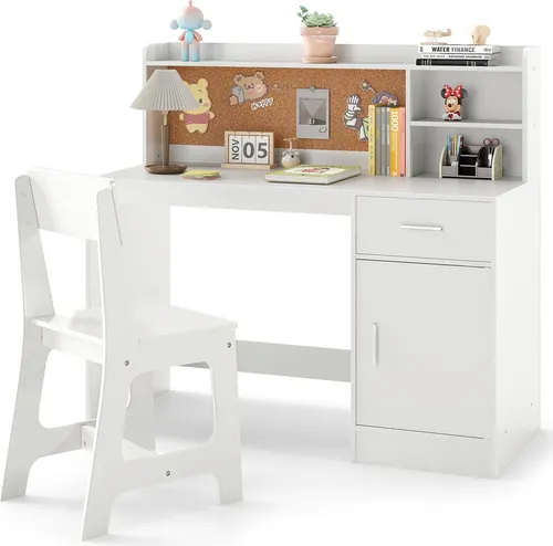 COSTWAY Kinderschreibtisch mit Stuhl, Holz, Weiß - Kinderschreibtisch mit großem Stauraum und integrierter Pinnwand für kreative Organisation. Ergonomischer Stuhl sorgt für Komfort beim Lernen und Spielen. Ideal für Kinder ab 3 Jahren.