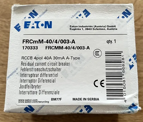 Eaton FI-Schalter FRCMM-40/4/003-A IP20 - Leistungsschalter mit 4 Polen und 30mA Fehlerstromschutz, ideal für sichere elektrische Installationen in Wohn- und Gewerbegebäuden.