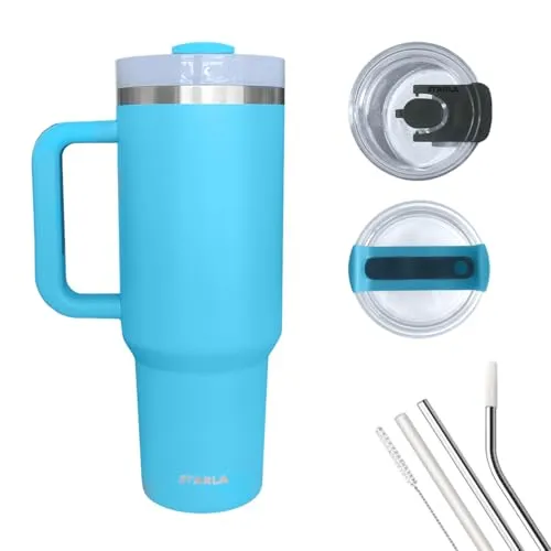 STARLA Thermobecher mit Strohhalm und Henkel 1,2l groß, 2 Deckel, auslaufsicher, Edelstahl Isolierbecher Kaffeebecher To Go Wasserbecher Getränkebecher Reisebecher Trinkbecher mit Griff (S Sky Blue)
