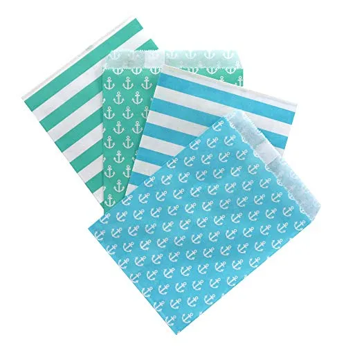 Frau WunderVoll® 100 PAPIERTÜTEN IM Set 1, 4x25 Stück: türkis Streifen, türkis Anker, beachblau Streifen, beachblau Anker 13x16,5cm, 45Gramm Papier, flach/Hochzeit, Papiertütchen, Mitgebseltüten
