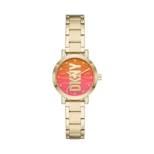 DKNY Damenuhr Soho 3-Zeiger-Werk Edelstahl goldfarben - Armbanduhren für Damen mit elegantem 28-mm-Edelstahlgehäuse, wasserdicht bis 30 m und stilvollem orange-rosafarbenem Zifferblatt für einen modischen Look.