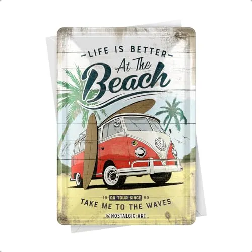 Nostalgic-Art Retro Blechpostkarte, 10 x 14 cm, VW Bulli – Beach – Volkswagen Bus Geschenk-Idee, Original Lizenzprodukt (OLP), Postkarte aus Metall, Mini-Blechschild als Grußkarte