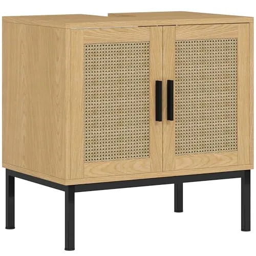 Kleankin Waschbeckenunterschrank mit Rattan-Design - Waschbeckenunterschrank aus Spanplatte, modernem Boho-Design und U-förmigem Ausschnitt für einfache Installation. Ideal für zusätzlichen Stauraum im Badezimmer.