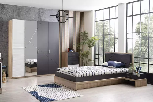 Kinderzimmermöbel Set 4tlg - Kinderbett Grau - Vielseitiges 4-teiliges Set für das Kinderzimmer: Bettrahmen, Kleiderschrank, Kommode und Nachttisch in modernem Grau. Ideal für Jungen und Mädchen, gefertigt aus Holzfurnier und MDF für eine langlebige Nutzung.