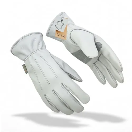 LIVLIG Gartenhandschuhe Leder, Arbeitshandschuhe Damen aus 100% Rindsleder, dornenfeste Handschuhe, atmungsaktiv & langlebig, Premium Rosenhandschuhe für Gartenarbeit, Größe M/L