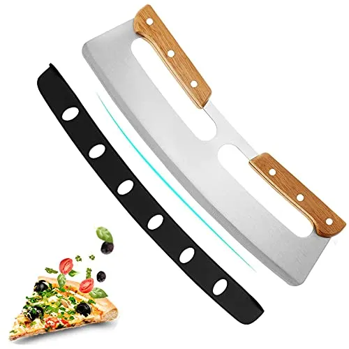 Lostwry Pizzaschneider Edelstahl Pizzamesser Mit Holzgriff und Schützender Abdeckung Ergonomischer Pizza Wiegemesser Pizzacutter für Kuchen Pizza 35 * 11 cm