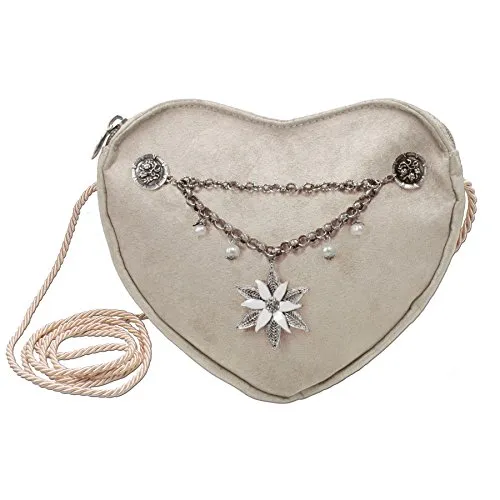 Alpenflüstern Herztasche Edelweiß-Charivari - Trachten Umhängetasche in Herzform - Umhängetasche in Herzform, ideal für Dein Dirndl. Mit anpassbarem Schulterband und edlem Charivari für einen einzigartigen Look beim Oktoberfest.