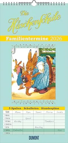 DUMONT - Familienplaner Häschenschule 2026 – Familienkalender 22x45 cm – Wandplaner mit 5 Spalten & Ferienterminen, nostalgische Illustrationen