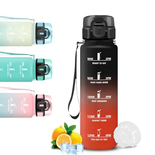Mujigaga Trinkflasche, Trinkflasche 1l Kohlensäure Geeignet, Wasserflasche Auslaufsicher, Wasserflasche mit Zeitmarkierung und Uhrzeit, Leicht zu Reinigen, für Fitness, Schule, Sprudel, Joggen, Gym