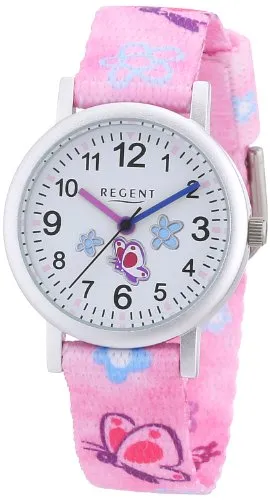 Regent F-491 Kinderuhr 12400189 - Kinderuhr mit buntem Zifferblatt und Schmetterlingsmotiv, wasserdicht bis 3 bar – ideal für kleine Entdecker. Angenehmes Textilband und präzises Quarzwerk machen sie zum perfekten Begleiter für jedes Abenteuer.