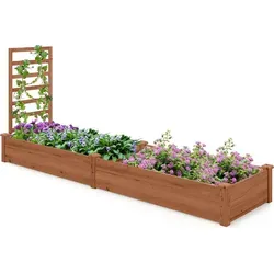 COSTWAY Hochbeet mit Rankgitter aus Tannenholz – Blumenkasten 235x63x102 cm (Braun) - Geräumiges Hochbeet mit 2 Fächern und Rankhilfe für Kletterpflanzen. Aus robustem Tannenholz gefertigt, bietet es eine ideale Wachstumsumgebung und einfache Montage ohne Werkzeuge.