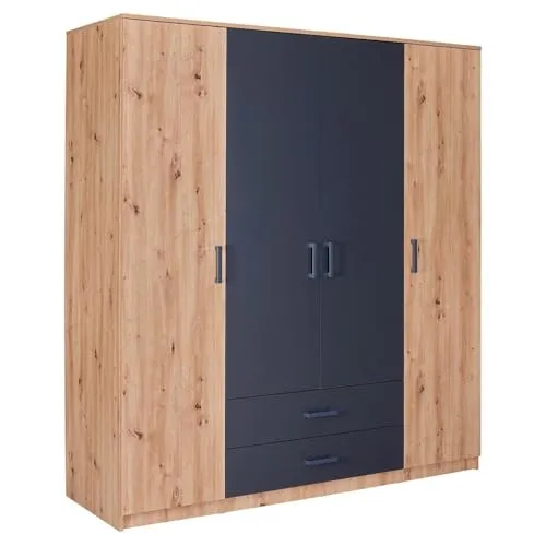 Inter Link Liora Kleiderschrank - Moderner 4-türiger Garderobenschrank in Eiche Artisan und Anthrazit, bietet viel Stauraum mit 2 Schubladen und pflegeleichten, kratzfesten Oberflächen – ideal für Ihr Schlafzimmer!