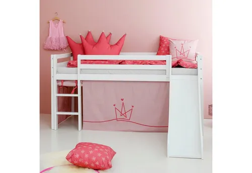Hochbett HOPPEKIDS «Princess», weiß - Hochbett für Kinderzimmer, aus 100% massivem Kiefernholz, inklusive Rutsche und Vorhang im zauberhaften Design. Sicherheit durch Rundum-Absturzschutz und hochwertige Materialien nach Nordic Swan Ecolabel.