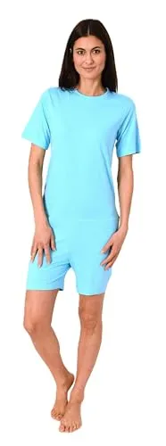 Normann Care Damen Pflegeoverall Kurzarm Einteiler Schlafanzug mit Reißverschluss am Rücken, Farbe:türkis, Größe:M