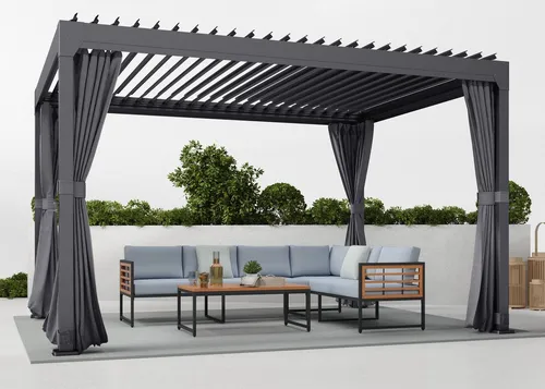 KONIFERA Pavillon Palma mit Lamellendach - Rechteckiger Pavillon mit 8 Seitenteilen und Moskitonetz, ideal für Gartenpartys. Das pulverbeschichtete Gestell aus Aluminium und verzinktem Stahl sorgt für Langlebigkeit und Stabilität.