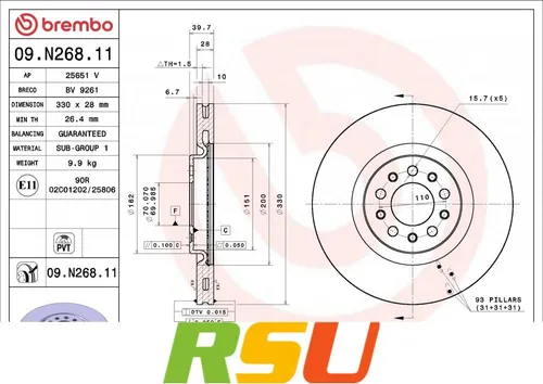 BREMBO Bremsscheibe COATED DISC LINE 330mm für Jeep Chrysler - Autoteile, innenbelüftet mit beschichteter Oberfläche für verbesserte Bremsleistung und Langlebigkeit, passend für Jeep Cherokee und Chrysler-Modelle.