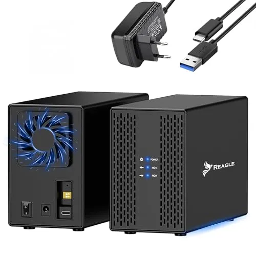 REAGLE Festplattengehäuse RAID JBOD PM 2,5 Zoll 2X 3.5 Zoll - Gehäuse für bis zu 40TB Speicher, unterstützt RAID-Modi für maximale Flexibilität und schnelle Datenübertragung bis zu 5 GB/s. Ideal für Backups und große Dateien.