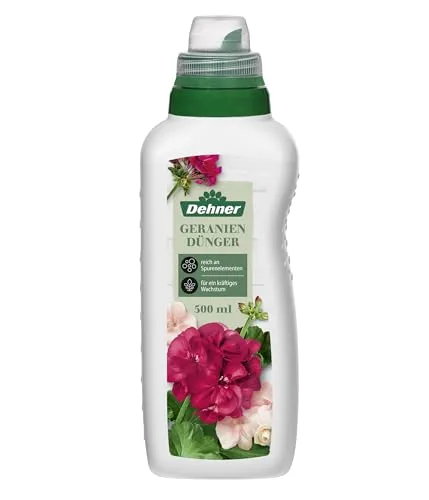 Dehner Geraniendünger, hochwertiger Flüssigdünger, Dünger für Geranien, organischer NPK-Dünger, mit Spurennährstoffen, 500 ml, für ca. 50 l, bunt