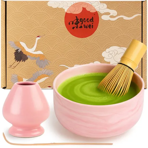 Matcha Tee Set | Teeschale, Besenhalter, Bambusbesen 80 & Matchalöffel - Tassen & Untertassen, stilvolles 4-teiliges Set aus Bambus und Keramik, ideal für authentischen Matcha-Genuss.