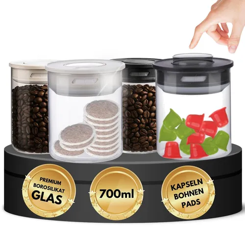 TronicXL Vakuum Kaffeedosen 4x 700ml - Luftdicht für Kaffeebohnen & Teedosen - Kaffeedosen aus bruchsicherem Borosilikatglas mit Vakuumverschluss für optimalen Aromaschutz. Ideal für Kaffeebohnen, Kapseln und auch für Tee geeignet. Praktische Monatsanzeige für frischen Genuss!