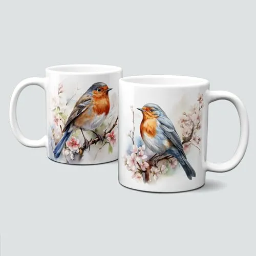 online-hut - Tasse - Kaffeebecher - Lieblingstasse - Rotkehlchen auf einem Zweig mit rosa Blüten - LT-394