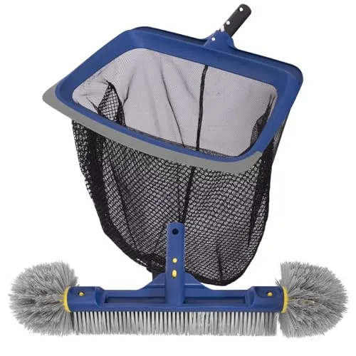 POOLAZA Pool Reinigungsset, feinmaschiges Pool Kescher Netz & Poolbürste mit runden Enden zum Reinigen, Pool Kescher stabilem Rahmen & 46cm Bürste integriertem Griff, passend für Standard Stange