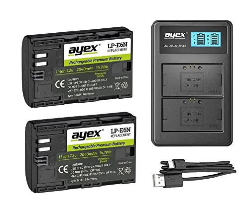 ayex Power Paket mit 2 x LP-E6N Akku + USB Dual Ladegerät Kompatibel mit Canon EOS R 5D Mark III II 6D 7D Mark II 7D 90D 80D 70D 60D etc.