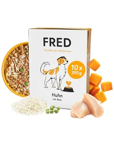 FRED & FELIA FRED Huhn mit Reis (10er Pack) - Super-Premium Nassfutter für Hunde mit zartem Hühnerfleisch und wertvollem Reis. Glutenfrei und ohne Konservierungsstoffe - für eine optimale Ernährung deines Vierbeiners!