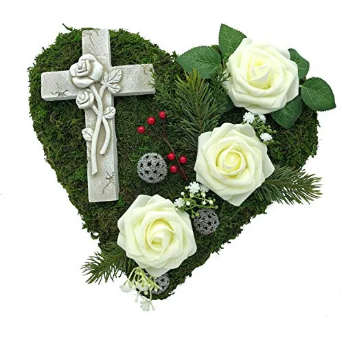 Grabgesteck Moosherz mit Rosen und Kreuz - Frische Gestecke & Kränze, liebevoll handgearbeitetes Moosherz mit Rosen und 3D Kreuz, wetterfest und ein Unikat.