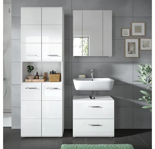Lomadox Badmöbel-Set IGGESUND-158, (Spar-Set, 3-St., Hochschrank Spiegelschrank Waschbeckenunterschrank), in weiß mit weiß Hochglanz