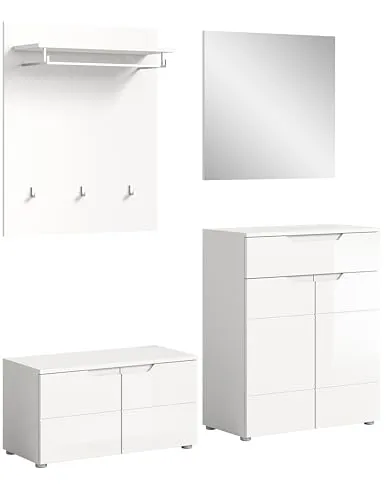 xonox.home Garderobe Solero 4tlg. Set - Drohnen: Funktionale Garderobenkombination mit 1 Sitzbank, 1 Paneel, 1 Schuhkommode und 1 Spiegel in modernem Weiß Hochglanz, ideal für Flure und Eingangsbereiche.