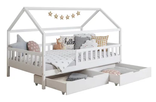 Ticaa Hausbett Kay mit Rausfallschutz - Kinderbett 100x200 cm aus Kiefer, inkl. Rollrost und praktischem Schubkasten, ideal für sicheren Schlaf und viel Stauraum im Kinderzimmer.