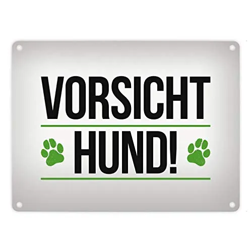 Vorsicht Hund! Metallschild mit Pfoten Motiv in grün Warnung Hinweis Achtung