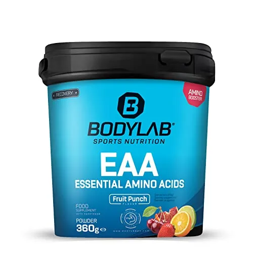 Bodylab24 EAA Essential Amino Acids Fruchtmix 360g - Verzweigtkettige Aminosäuren (BCAA) mit 8 essentiellen Aminosäuren und Vitamin B6 für optimalen Energiestoffwechsel. Ideal für die Einnahme nach dem Training, lecker fruchtig im Geschmack.