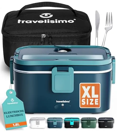 TRAVELISIMO XXL Elektrische Lunchbox Extra groß 1,8L Electric Lunch Box 80W, Warmhaltebox 3-in-1 Lunch Box Warmer 12V/24V/220V, für Arbeit Auto Lkw Lunchbox Elektrisch & Aufwärmbehälter Für Essen