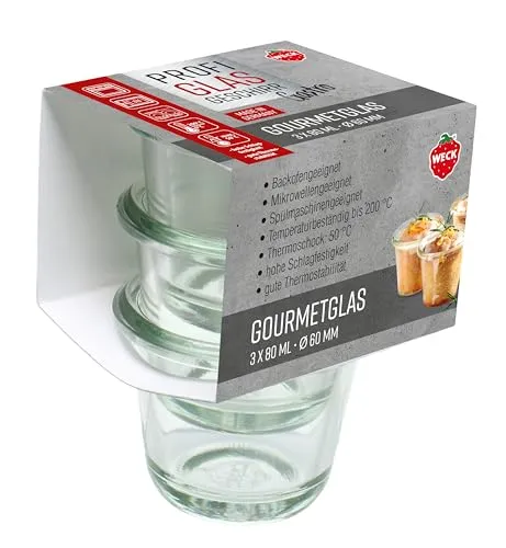 Weck 3er Set Gastropack 80 ml Gourmetgläser (perfekte Kreationen, Backofengeeignet, Spülmaschinengeeignet, Stabilität, Delikatessengläser, ohne Deckel) 76123